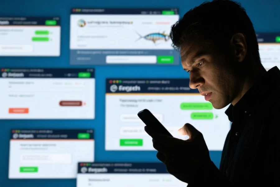 一位用户警觉地查看手机短信，背景中有多个虚假的钓鱼网站窗口，体现网络安全的重要性